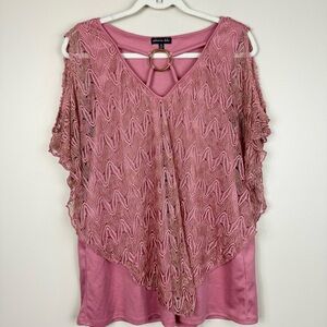 Olivia Blue Lace Top 1X Pink Glam Y2K Sheer Layered Croquet Short Sleeve Blouse